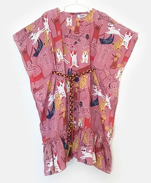 The Kaftan Company Half Sleeves Puppy Print Dress - Pink