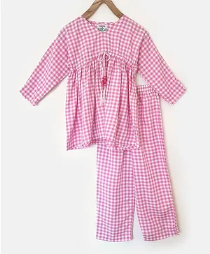 The Kaftan Company Full Sleeves Checked Night Suit - Pink