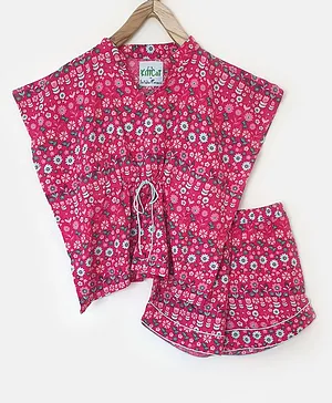 The Kaftan Company Half Sleeves Floral Print Top With Shorts - Pink