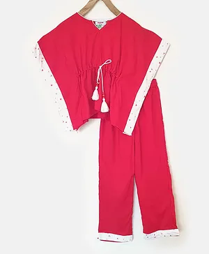 The Kaftan Company Half Sleeves Contrast Taped Night Suit - Red