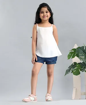 Babyhug Singlet Sleeves Top and Denim Shorts Set Polka Dot Print - White