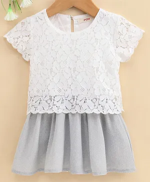 Fox Baby Half Sleeves Frock with Laced Bodice - White Grey