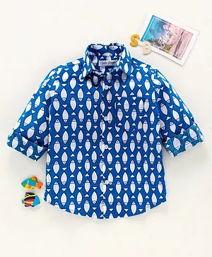 Saka Designs Full Sleeves Shirt Fish Print - Blue