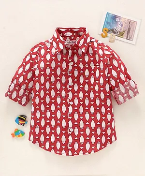 Saka Designs Full Sleeves Shirt Fish Print - Red