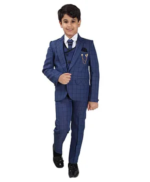 Fourfolds Full Sleeves Checked Blazer With Waistcoat Shirt Tie & Pant - Blue
