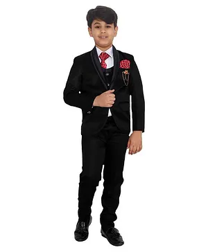 Fourfolds Solid Full Sleeves Four Piece Party Suit With Tie - Black