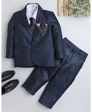 Fourfolds Printed Full Sleeves Shirt With Blazer Tie & Pants Set - Navy