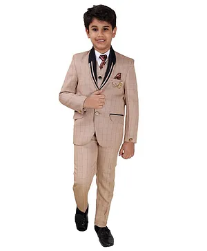 Fourfolds Full Sleeves Checked Blazer With Pants & Shirt With Waistcoat & Tie - Beige