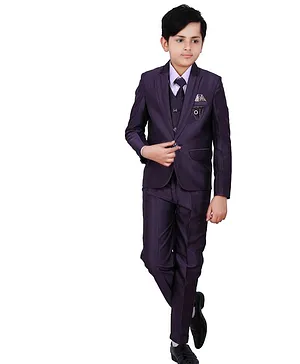 Fourfolds Full Sleeves Solid Blazer With Pants & Waistcoat With Shirt & Tie - Purple