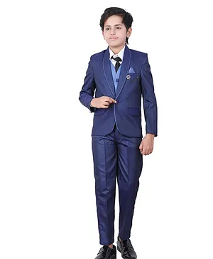 Fourfolds Full Sleeves Solid 4 Piece Party Suit With Tie - Blue