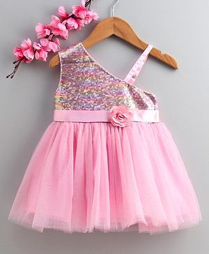 Babyhug Sleeveless One Shoulder Party Wear Sequined Frock  - Pink - 12-18M Pink