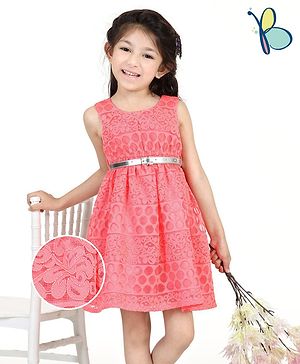 Hola Bonita Sleeveless Party Wear Lace Frock - Peach