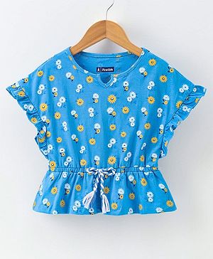 Pine Kids Flutter Sleeves Biowased Knitted Tee Floral Print - Blue