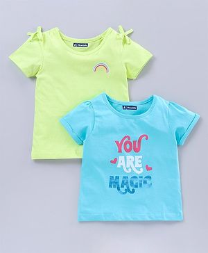 Pine Kids Half Sleeves Biowash Tees Text Print Pack of 2 - Green Blue