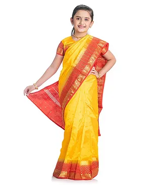 Bhartiya Paridhan Half Sleeves Jacquard Embellished Blouse & Saree Set - Yellow