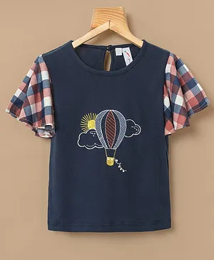 Little Carrot Half Sleeves Hot Balloon Embroidered Top - Navy Blue