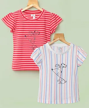 Little Carrot Pack Of 2 Short Sleeves Striped & Dog Printed Top - Red & White