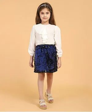 Piccolo Full Sleeves Ruffled Top With Sequined Skirt - Off White & Blue