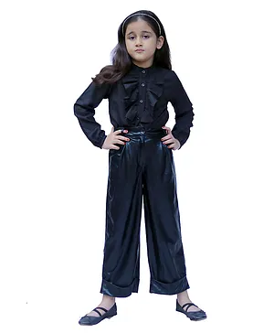 Piccolo Solid Colour Full Sleeves Ruffle Detailing Top With Wide Legged Pants - Black