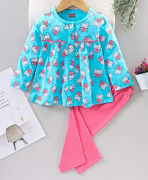 Babyhug Full Sleeves Bio Wash Top & Pajama Set Kitty Print - Blue & Pink