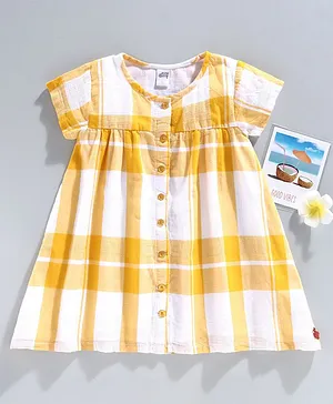 Spring Bunny Short Sleeves Checkered Dress - Yellow