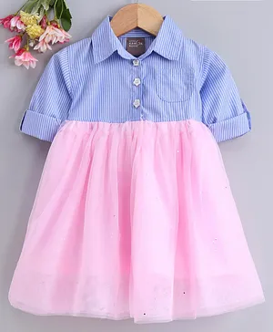 Little Kangaroos Three Fourth Sleeves Striped Frock - Blue Light Pink
