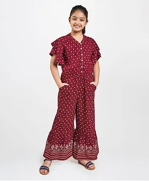 Global Desi Girl Printed Short Sleeves Jumpsuit - Maroon