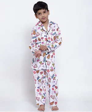Maxence Full Sleeves Popcorn Printed Night Suit - White