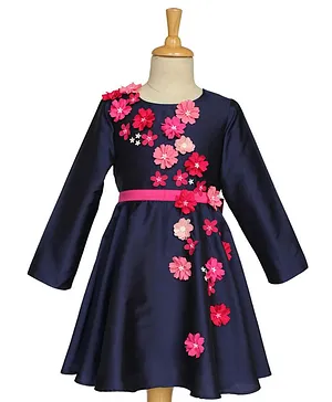 A Little Fable Full Sleeves Floral Embellished Dress - Blue