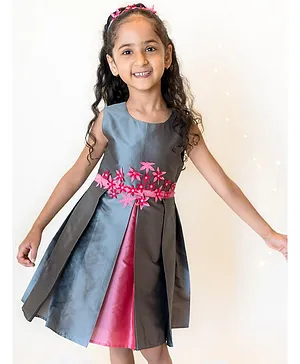 A Little Fable Full Sleeves Floral Detailing Dress - Grey