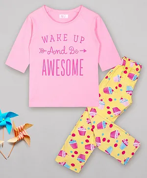 Sheer Love Half Sleeves Wake Up And Be Awesome Printed Night Suit  - Pink & Yellow
