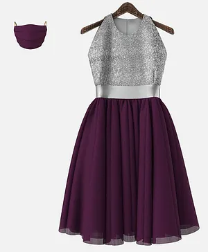HEYKIDOO Sleeveless Contrast Flared Glitter Finish Yoke Dress With Mask - Purple