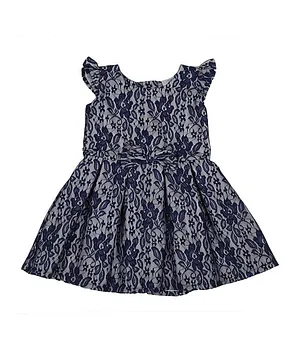 Doodle Girls Clothing Cap Sleeves Lace A-Line Dress with Bow - Navy