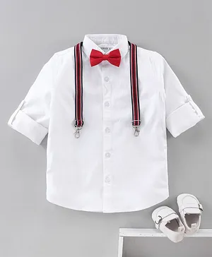 Mark & Mia Full Sleeves Party Shirt With Bow & Suspenders Solid - White