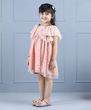 Hola Bonita Woven Half Sleeves Star Embellished Frock with Mask - Peach