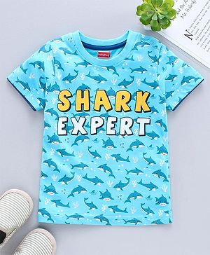 Babyhug Half Sleeves Tee Shark Print  - Blue - 6-9m Blue