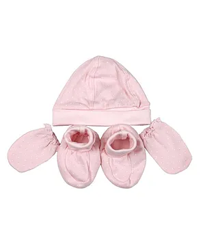 Buzzy All Over Dots Print Cap With Booties & Mittens - Cap Circumference - 18.5 - Pink