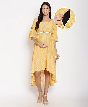 Bella Mama Half Sleeves Asymmetric Maternity Dress with Mask - Yellow