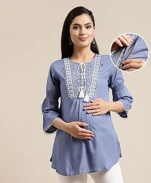 Bella Mama 3/4th Sleeve Embroidered Yoke Maternity Tunic - Blue