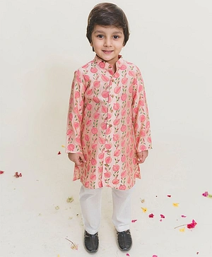 MR.BRAT Full Sleeves Block Print Chanderi Kurta With Pajama - Pink