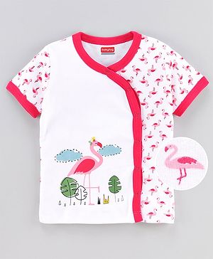 Babyhug 100%Cotton Short Sleeves Vest Flamingo Print - White Pink