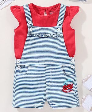 Babyhug Dungaree With Half Sleeves Inner Tee - Red & Blue