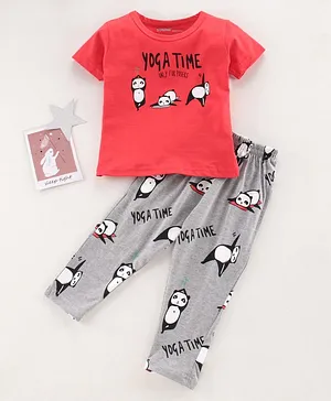Doreme Half Sleeves Night Suit Panda Print - Red