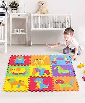Babyhug Premium Pop Out Interlocking Animal Floor Puzzle Playmat (95cm * 95cm)- 9 Jumbo Pieces| Eva Soft Colorful Kids Floor mat - Thickness 1 cm| BIS Certified| 6 months+| Colors may vary