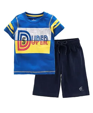 Kiddopanti Half Sleeves Super Duper Print T-Shirt & Knee Length Shorts Set - Blue