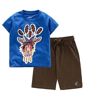 Kiddopanti Half Sleeves Lion Print T-Shirt & Knee Length Shorts Set - Blue & Coffee Brown
