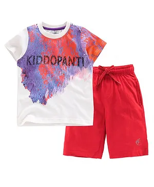 Kiddopanti Half Sleeves Brand Name Print Tee With Shorts - White Red
