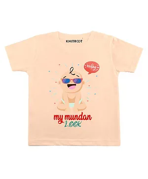 KNITROOT Half Sleeves Mundan Look Print T-Shirt  - Peach
