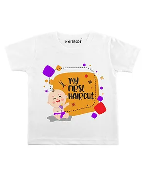 KNITROOT Half Sleeves First Haircut Print T-Shirt - White