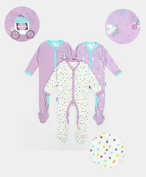 Mi Arcus Pack Of 3 Full Sleeves Dots Print Sleepsuit  - Purple White